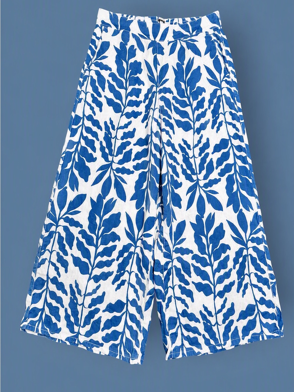 100% Linen Blue and White Leaf-Print Wide-Leg Palazzo Pants sz L